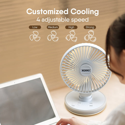 Alpha Desktop Fan with Light, 6 Inches, 4 Speeds, Oscillating Table Fan, Brushless Motor, Wide Angle Adjustment, USB Rechargeable,  Ultra Quiet, Personal Mini Fan for Home Office Bedroom, White